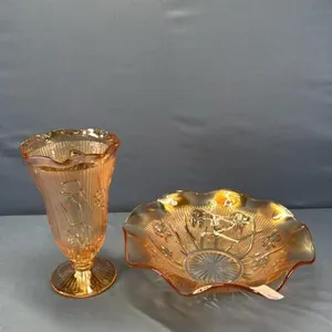 IRIS PATTERN CARNVIAL COLURED VASE & UNDERPLATE