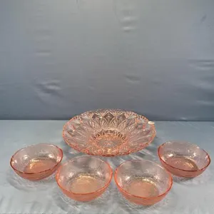 PINK PRESSED GLASS BOWL & (4) PINK SALAD BOWLS