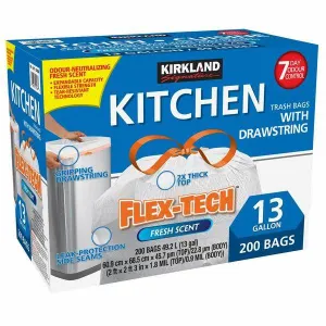 Kirkland Kitchen Flex-Tech Trash Bags, 13 Gallon, Fresh Scent, 200 Count