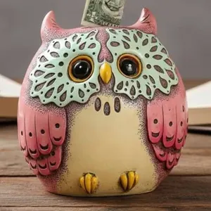 Ceramic Owl Figurine Coin Bank with Carved Details