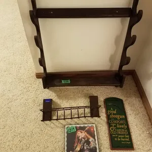 Wooden Gun Rack, Decorative Sign, Small Shelf, and Framed Print