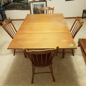Extendable Wood Dining Table with Two Leaves and Four Spindle-Back Chairs