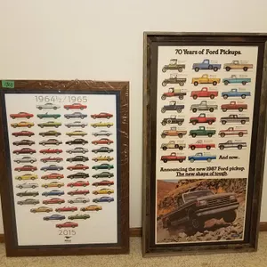 Framed Ford Pickup and Mustang Posters, 1987 and 1964/1965