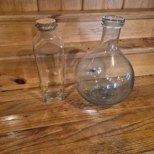 (1) Glass Bottle with Cork, (1) Glass Vase