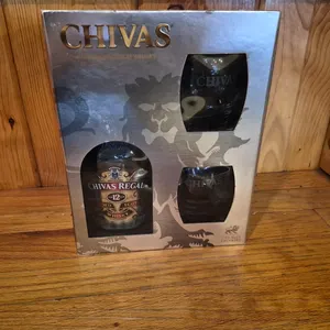 Chivas Decorative Box Set with Chivas Regal Blended Scotch Whiskey Bottle and (2) Glasses