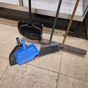 (1) Push Broom with Wood Handle, (1) Broom, (4) Assorted Dustpans