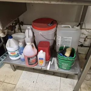 Assorted Cleaning Supplies with (3) Sanitizer and Detergent Cleaning Pails