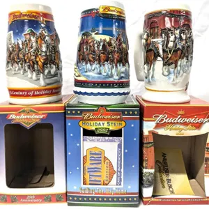 As-New 1999, 2002, 2006 BUDWEISER Holiday Steins, Handmade Collectables With 2 Certificates of Authenticity, Approx 7.25" Tall Each
