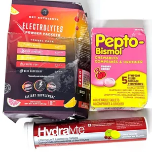 New Pepto Bismol Cherry Chewables, 20pc Key Nutrients Electrolyte Powder Packets, 20pc Hydralyte Effervescent Electrolyte Tablets (Cherry Limeade) - E