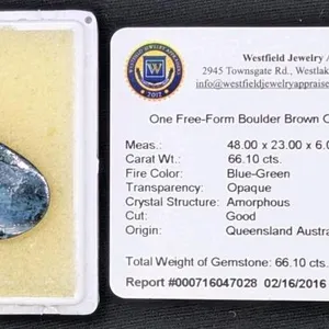 WOW Australian Free-Form Boulder Brown Opal Cabochon, 48 × 23 × 6mm, 66.10 cts, Blue-Green Fire, Opaque, Amorphous, with 10+ Year Old Appraisal, Appra