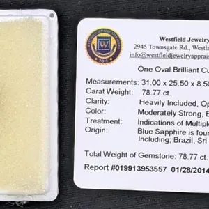 WOW!! Oval Brilliant Cut Blue Sapphire, 31 × 25.5 × 8.5mm, 78.77 cts, Heavily Included Opaque, Moderately Strong, Blue (GIA B 7/14) Indications Of Mul