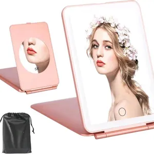 New LED Travel Mirror with 5x Magnification, Folding Lighted Makeup Mirror 3 Colors Light Modes, Rechargeable Portable Ultra Thin Compact Vanity Mirro