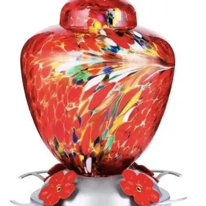 New Hummingbird Feeder with Perch - Hand Blown Glass - 38 Fluid Ounces Blue Hummingbird Nectar Capacity Including Hanging Wires and Moat Hook (red-fir