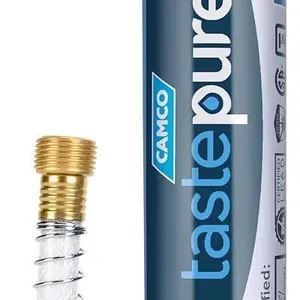 New (Damaged Box) Camco TastePURE RV/Marine Exterior Water Filter | Features Flexible Hose Protector | Reduces Bad Taste, Odor, Chlorine, and Sediment