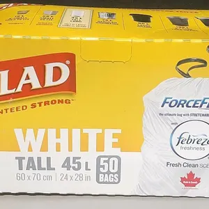 As New Pack of Glad Febreze Tall White Garbage Bags | Package has Noticeable Tears, Product is Unaffected