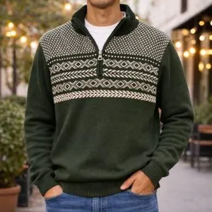 Weatherproof Vintage Men’s Sweater, Green, Size L/G With Nordic Pattern