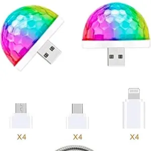 New 4-Pack Mini Disco Ball Sets, Colors & Lights Change With Audio, Includes 4× USB-A to Micro USB, USB-C & Lightning Adaptors & 4× 5" Lon