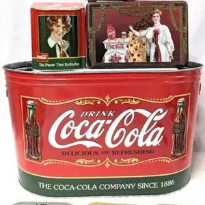 Vintage to Modern Retro COCA-COLA : Large 16" × 9.5" × 9" Tall Tin Tub Bucket, Condiment Caddy (Loose Handle), 2 Tins & 3 1975-1988 Olympics Trays
