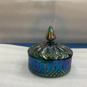 CARNIVAL GLASS COVERED CANDY DISH - IRREDESCENT BLUES
