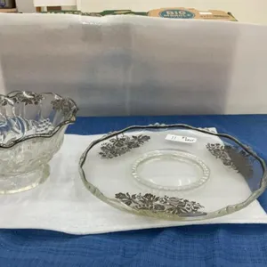 (2) VINTAGE GLASS PIECES W/ SILVER INLAY - BOWL W/ FLUTED RIM  & PLATTER