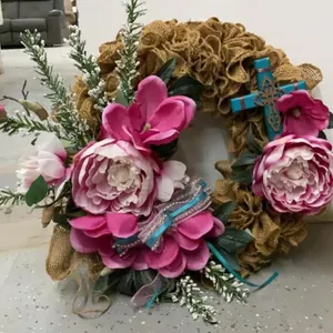 BURLAP WREATH W/ FLOWERS & A CROSS