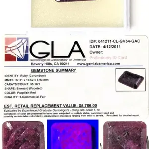 Large Ruby (Corundum) Faceted Emerald-Cut, 27.21 × 19.62 × 6.93mm, 55.10/1 cts, Purplish Red, Quality: 2 Commercial-Fair, 10+ Year Old Appraisal, Repl