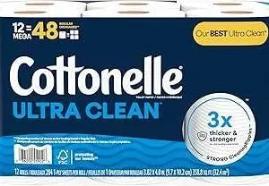 Cottonelle Ultra Clean Toilet Paper, 12 Mega Rolls, 3-Ply Design