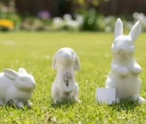 Three White Ceramic Animal Figurines Featuring Rabbits and a Dog