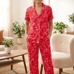Room Service Red and Pink Floral Pajama Set, Women’s Size Medium