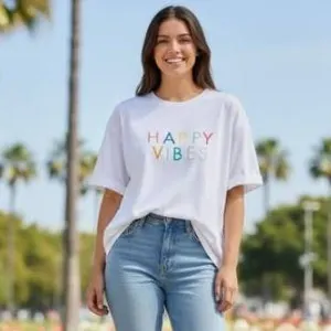 Mary Square XXL Happy Vibes T-Shirt – White, Short Sleeve