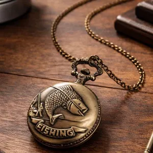 Bronze Quartz Pocket Watch with Fishing-Themed Engraving on Chain