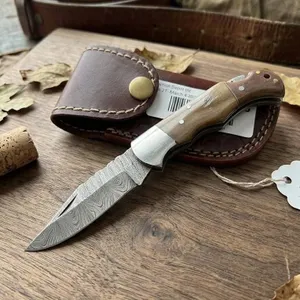 Damascus Steel Folding Knife with Leather Sheath
