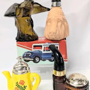 5 Vintage AVON Novelty After Shaves & Bath Foam, Some With Contents: Mallard-in-Flight Tai Winds, Bloodhound Pipe Wild Country, Koffee Klatch Lemo