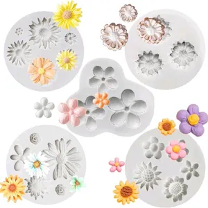 New KALAIEN 5 Pieces Fiower Fondant Cake Molds Fondant Silicone Mold Daisy Flower, Rose Flower, Chrysanthemum Flower Candy Silicone Molds Set for Choc