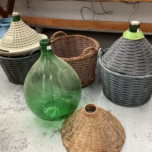 3 LARGE ROUNDED GREEN CARBOYS IN BASKETS