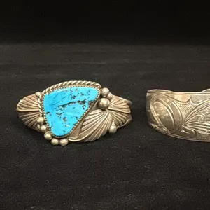 SILVER WESTCOAST NATIVE BRACELET WITH SALMON MOTIF AND SILVER SOUTHWEST NATIVE BRACELET SET WITH