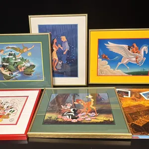 WALT DISNEY SOUVENIR PRINTS; FRAMED AND UNFRAMED & WALT DISNEY WITH MICKEY FIGURINE WITH ORIGINAL