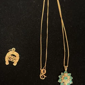 APPROX 10K CHAIN (16") WITH APPROX 14K PENDANT SET WITH EMERALDS AND DIAMONDS & APPROX 10K GOOD