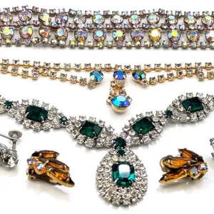 2 Vintage Rhinestone Necklaces Up To 16", AB Wash Rhinestone Bracelet, 2 Pairs Earrings: Clip-On & Screw-Back , Missing Stones, Small Break in Bra
