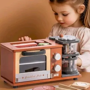 New ROBOTIME Play Kitchen Toys Accessories - Wooden Breakfast Machine Kitchen Toy for Kids with Coffee Maker and Pretend Play Food Sets - Kitchen Play