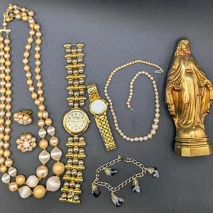 Vintage Jewelry : Snowflake Obsidian Dangle Bracelet, Beaded Necklace + Earrings Set Japan, 2 Ladies Watches (Le Montre, Gruen Precision), Faux Pearl 