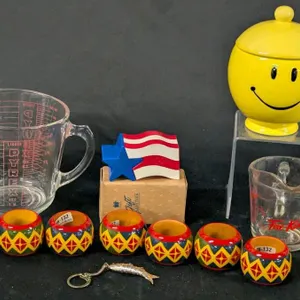 Vintage Pyrex + Fire King Measuring Cups, Indian Wood Napkin Holders, US Salt/Pepper Shakers, Articulated Fish Keychain  +