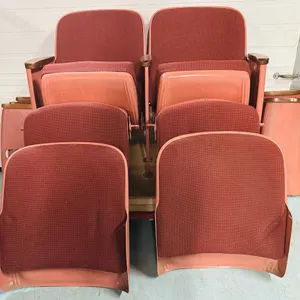 Vintage Auditorium Theater Row Seating - Floor Mount, Pink/Burgundy, Wood Arm, Row C, 4 Backs