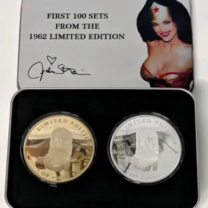 [Rare] Limited Edition JULIE STRAIN (1962–2021) FANS CLUB Wonder Woman Collectable Medallion Pair in Collectable Metal Tin, February 18, 1962 Concord 