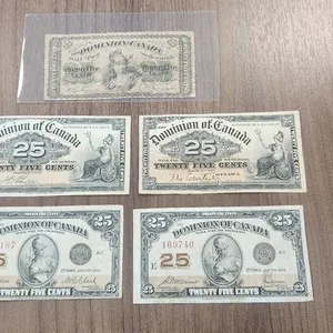 Dominion of Canada (5) 25 Cent Banknotes 1870 Dickinson/Harington, 1900 Courtney, 1900 Boville, 1923 McCavour & 1923 Campbell
 UNRESERVED