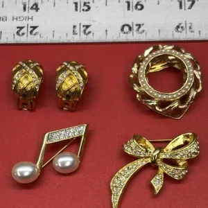 3 Asst. Gold Tone Brooches & Set of Clip on