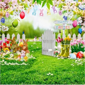 New 10X10FT Spring Easter Garden Photography Backdrop Easter Backdrops for Photography Green Grass Lawn Pink Floral Fence Background Baby Children Bir