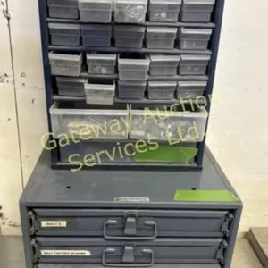 Organizer bins with contents. Rivets, screws,