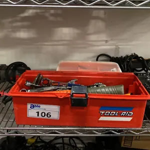 SHELF OF ASSORTED TOOLS, HEAT GUN, PORTER CABLE DRILL, SOCKET SET & MORE