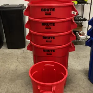 5 RED RUBBERMAID BRUTE GARBAGE CANS & SMALL RED GARBAGE CAN ON MOBILE DOLLY